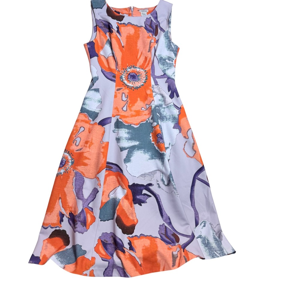 J. Peterman Floral Fit and Flare Midi Dress Orange Purple Sleeveless Size 8